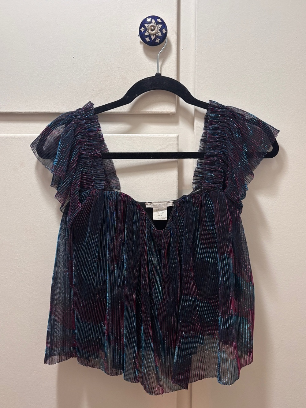 Urban Outfitters Metallic Pleated Flutter Crop Top in Black with Blue and Purple